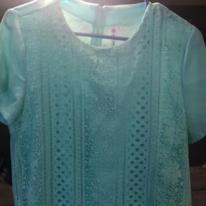 Lace front short sleeve blouse with back zipper